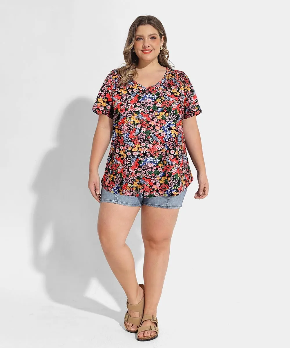CARCOS Plus Size Tops for Women Short Sleeve Smocked V Neck Shirts Casual Summer Tunic Loose Fit Tshirts XL-5XL