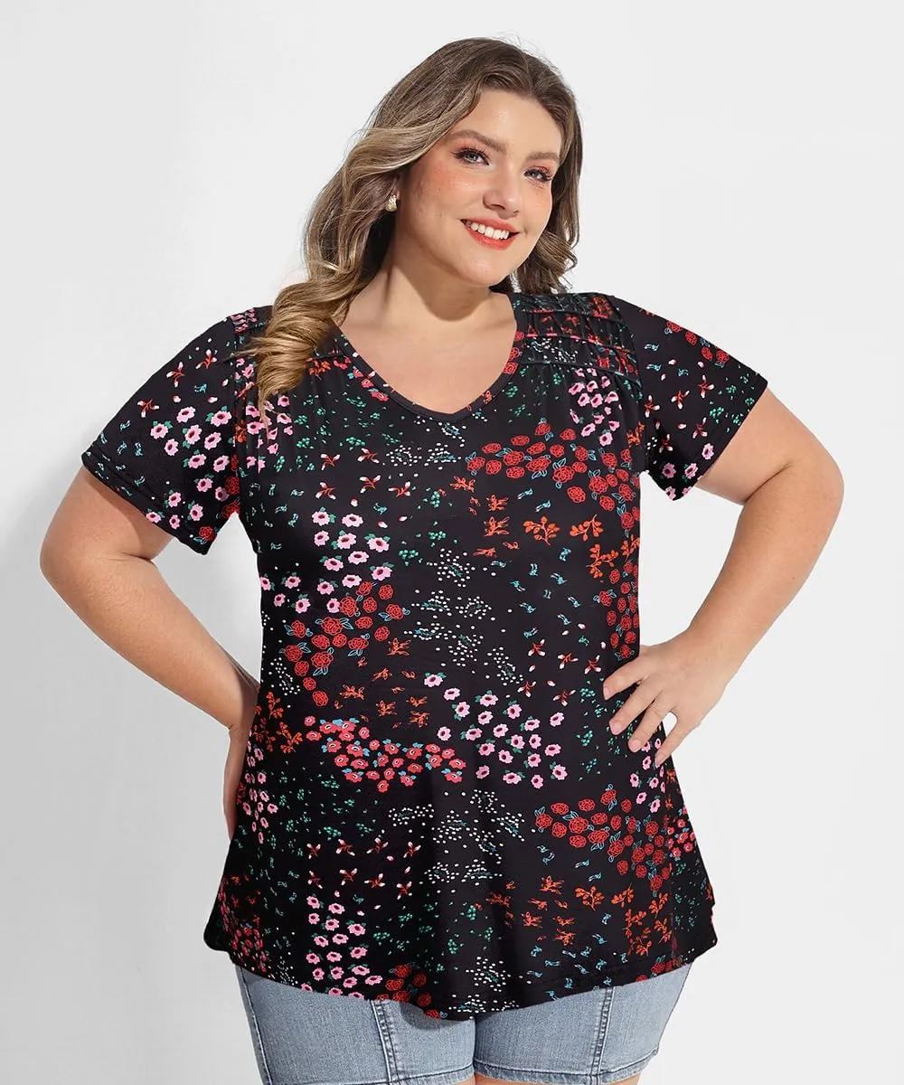 CARCOS Plus Size Tops for Women Short Sleeve Smocked V Neck Shirts Casual Summer Tunic Loose Fit Tshirts XL-5XL