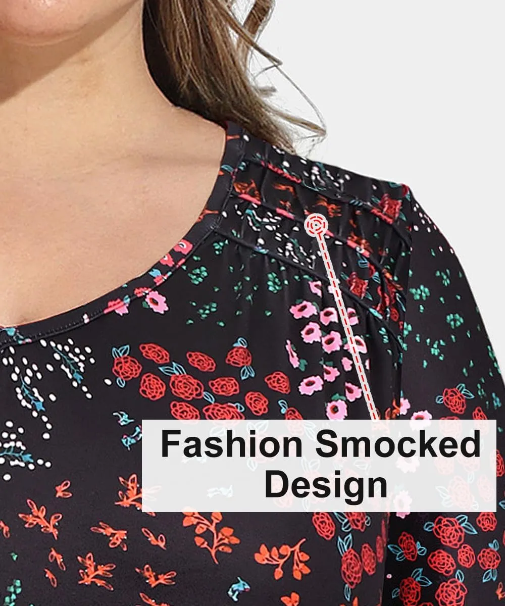 CARCOS Plus Size Tops for Women Short Sleeve Smocked V Neck Shirts Casual Summer Tunic Loose Fit Tshirts XL-5XL