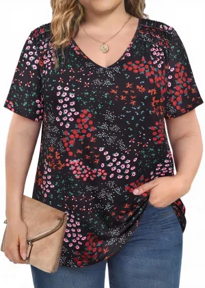 CARCOS Plus Size Tops for Women Short Sleeve Smocked V Neck Shirts Casual Summer Tunic Loose Fit Tshirts XL-5XL