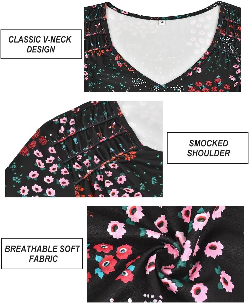 CARCOS Plus Size Tops for Women Short Sleeve Smocked V Neck Shirts Casual Summer Tunic Loose Fit Tshirts XL-5XL