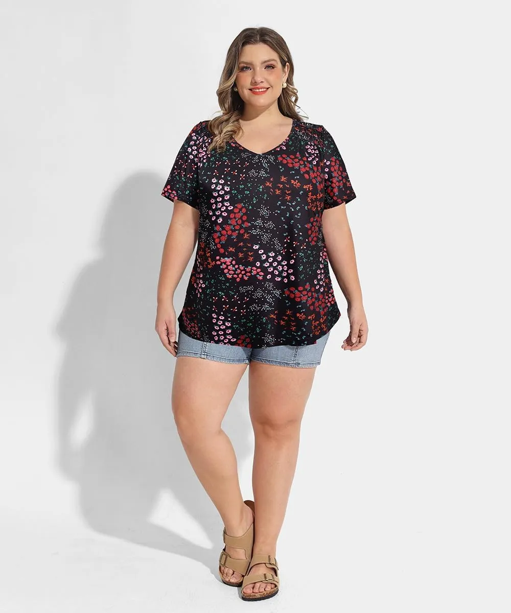 CARCOS Plus Size Tops for Women Short Sleeve Smocked V Neck Shirts Casual Summer Tunic Loose Fit Tshirts XL-5XL