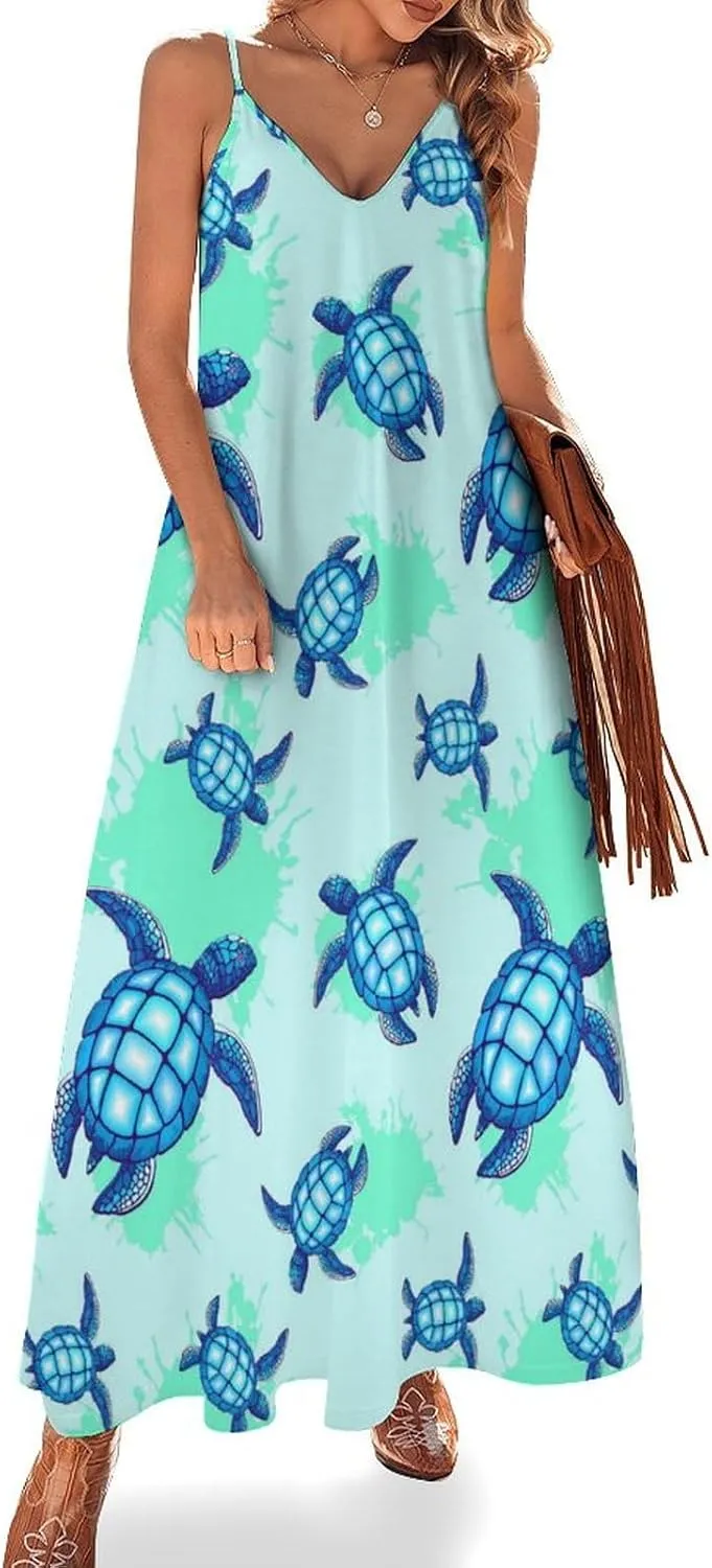 Casual Loose Sleeveless Dress for Women, Sexy V Neck Flowy Maxi Dress, Beach Vacation Spaghetti Strap Sundress