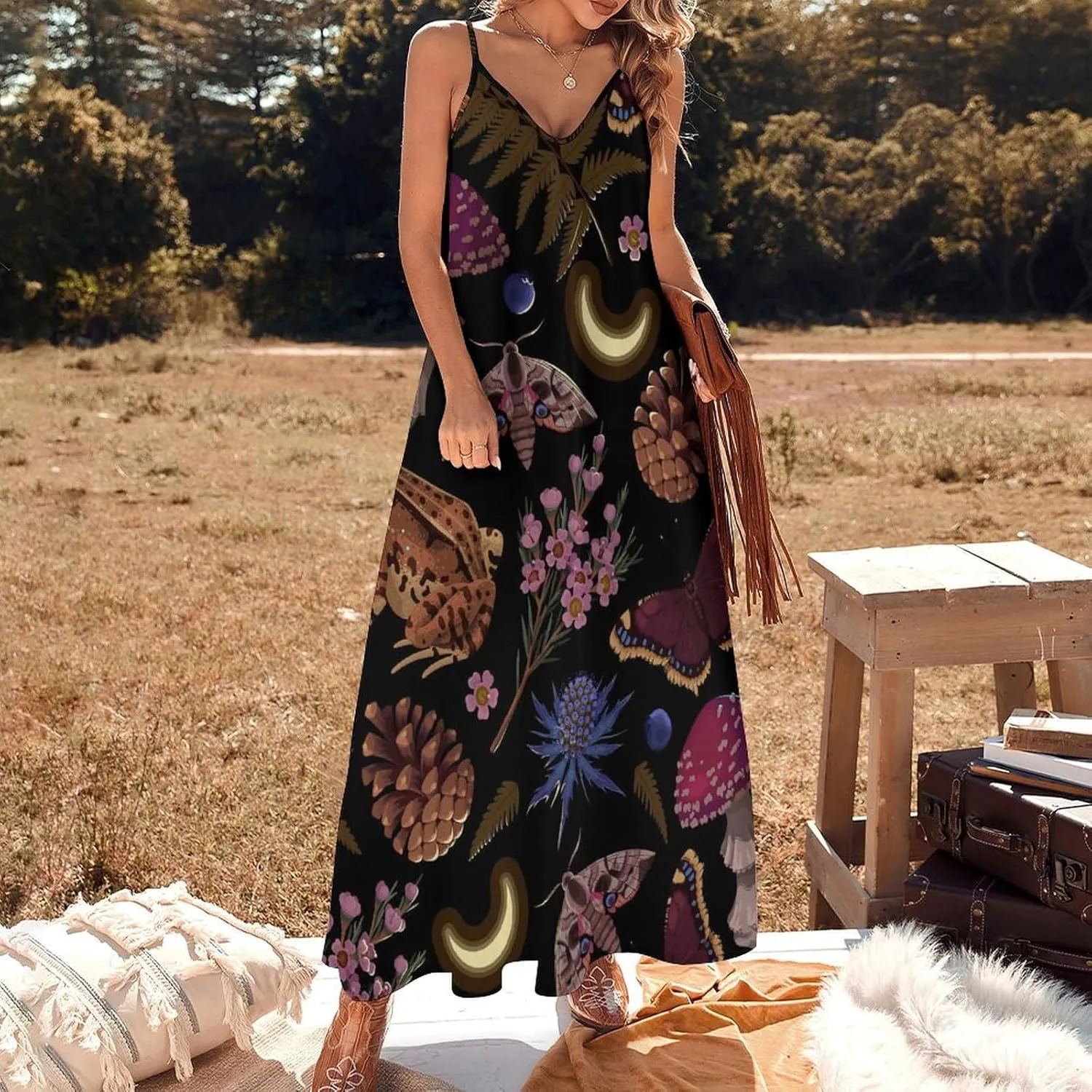 Casual Loose Sleeveless Dress for Women, Sexy V Neck Flowy Maxi Dress, Beach Vacation Spaghetti Strap Sundress