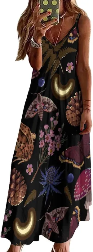 Casual Loose Sleeveless Dress for Women, Sexy V Neck Flowy Maxi Dress, Beach Vacation Spaghetti Strap Sundress