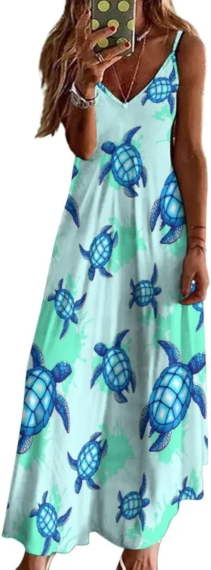 Casual Loose Sleeveless Dress for Women, Sexy V Neck Flowy Maxi Dress, Beach Vacation Spaghetti Strap Sundress