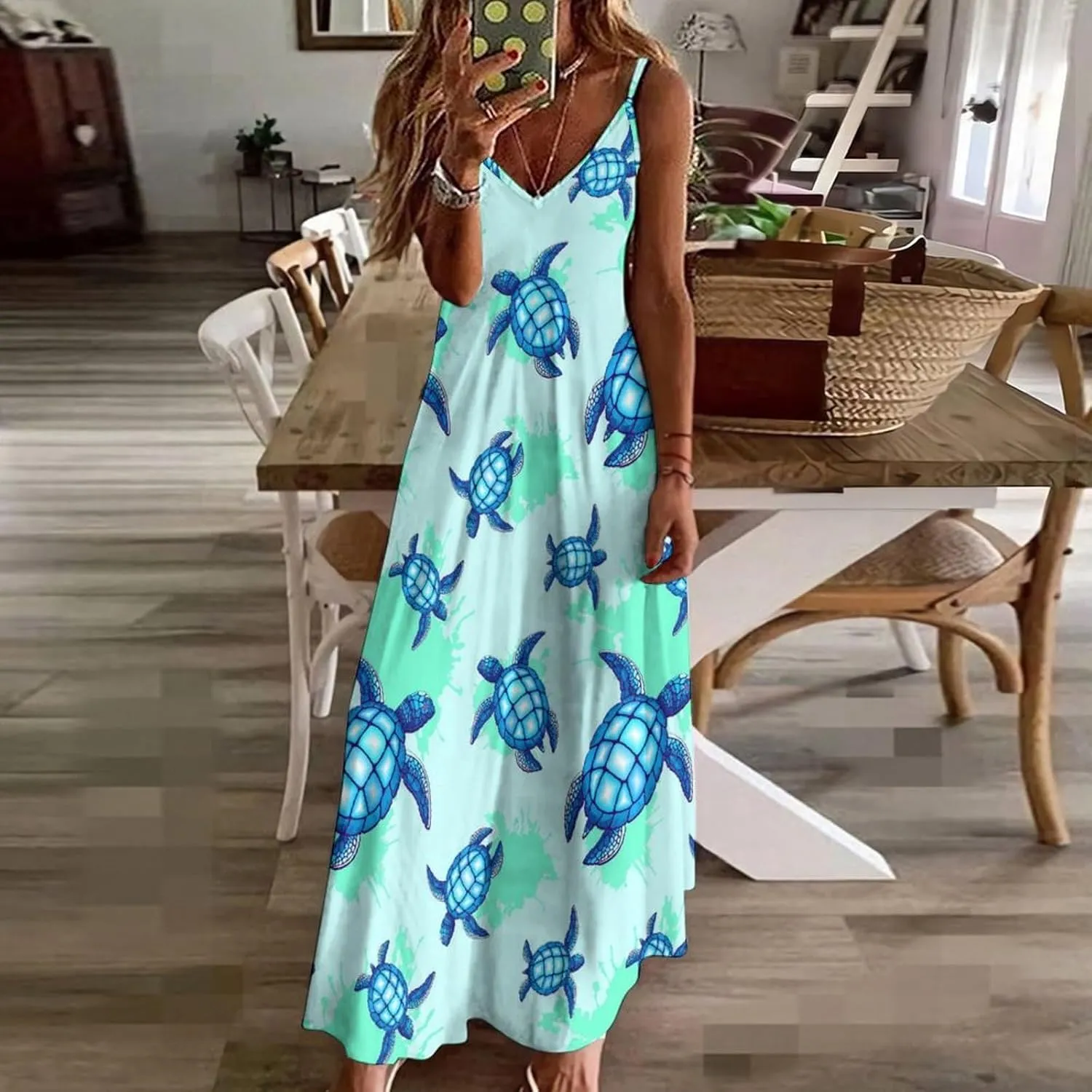 Casual Loose Sleeveless Dress for Women, Sexy V Neck Flowy Maxi Dress, Beach Vacation Spaghetti Strap Sundress