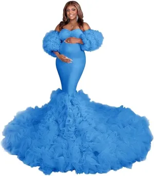 Changuan Puffy Maternity Dress for Photoshoot Tulle Bridal Robes Ruffle Mermaid Pregnancy Gowns Baby Shower Dress