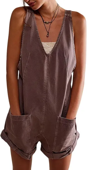 CHARTOU Women Casual Denim Short Overalls Rolled Cuff Barrel Shorts Jumpsuit Rompers