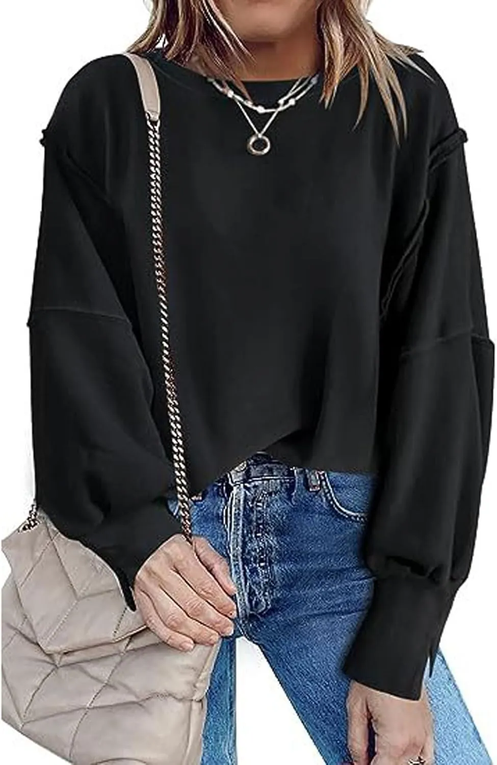 CHARTOU Women Oversized Crewneck Sweatshirt Ripped Distressed Hoodie Lightweight Tunic Shirts Sweatshirt