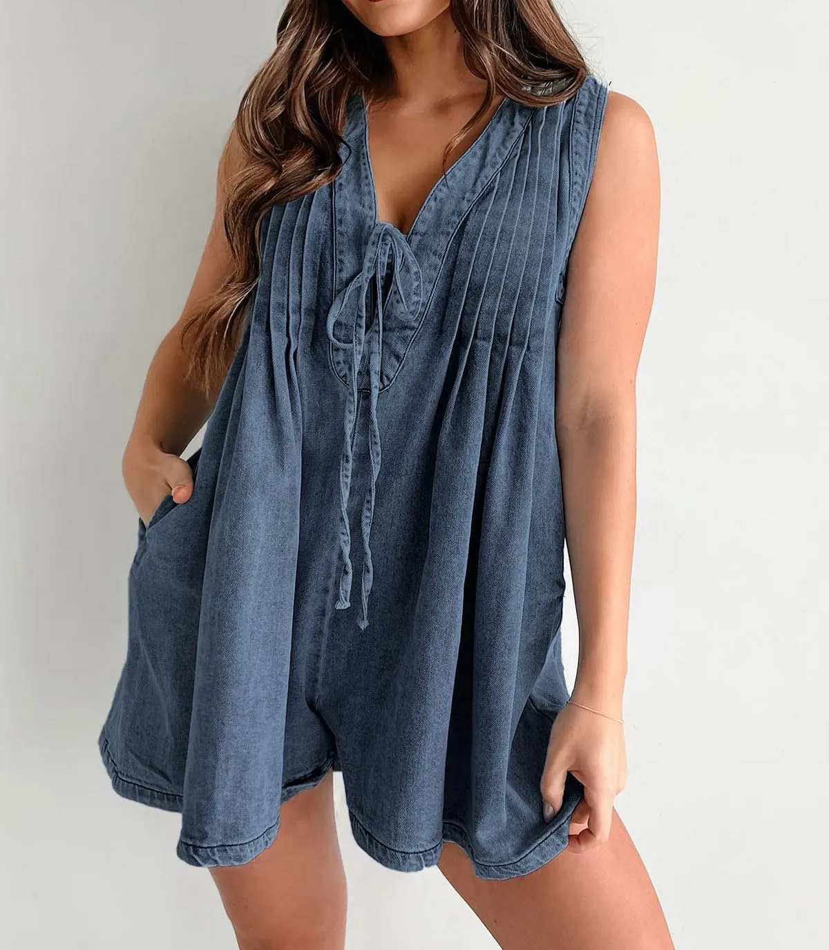 CHARTOU Women Summer Denim Overalls Shorts Romper Jean Jumpsuit Sleeveless Shortalls Flowy Ruffle Romper Pockets