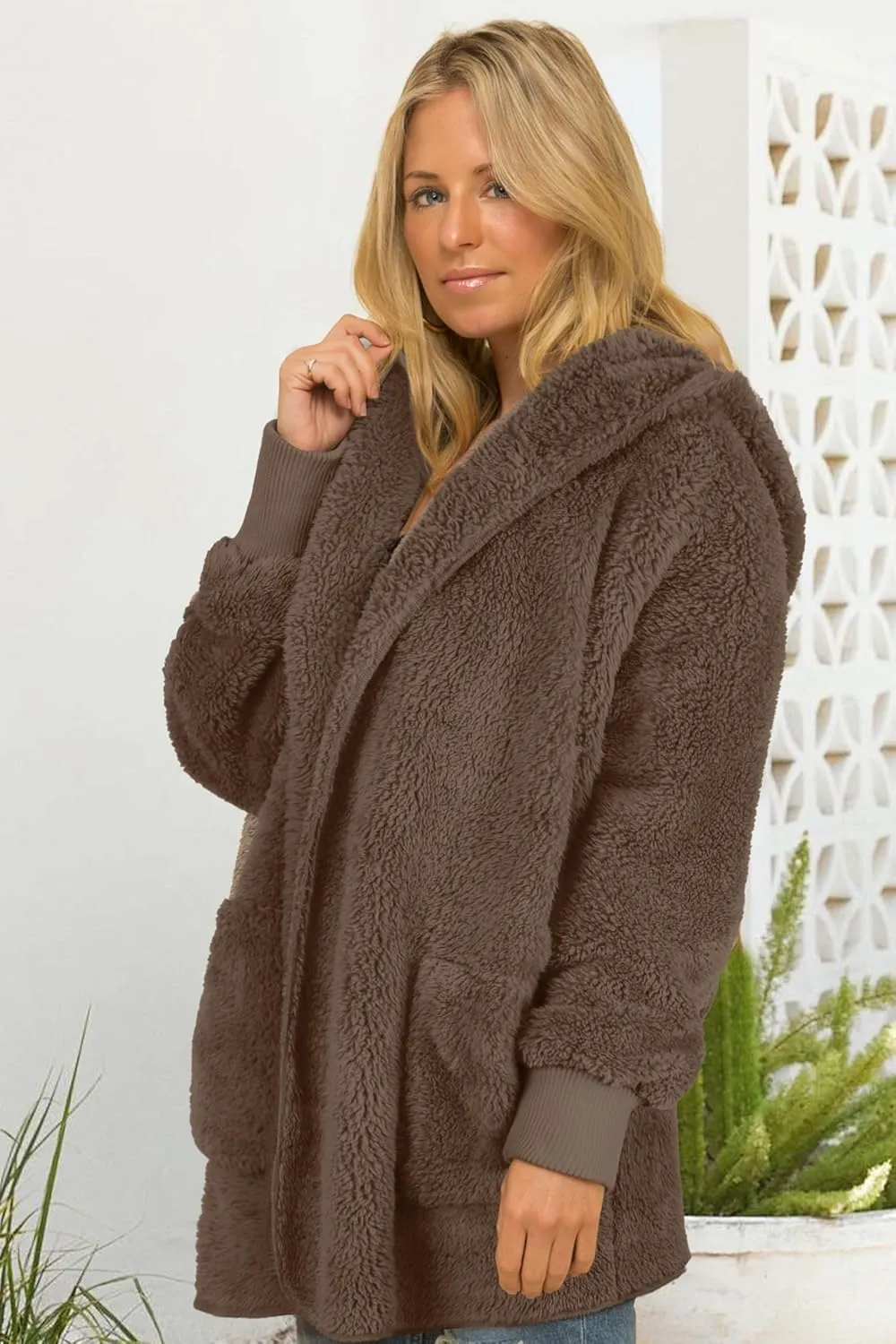 CHICGAL Womens Fuzzy Jacket Hooded Cardigan Open Front Sherpa Coat Outwear with Pockets