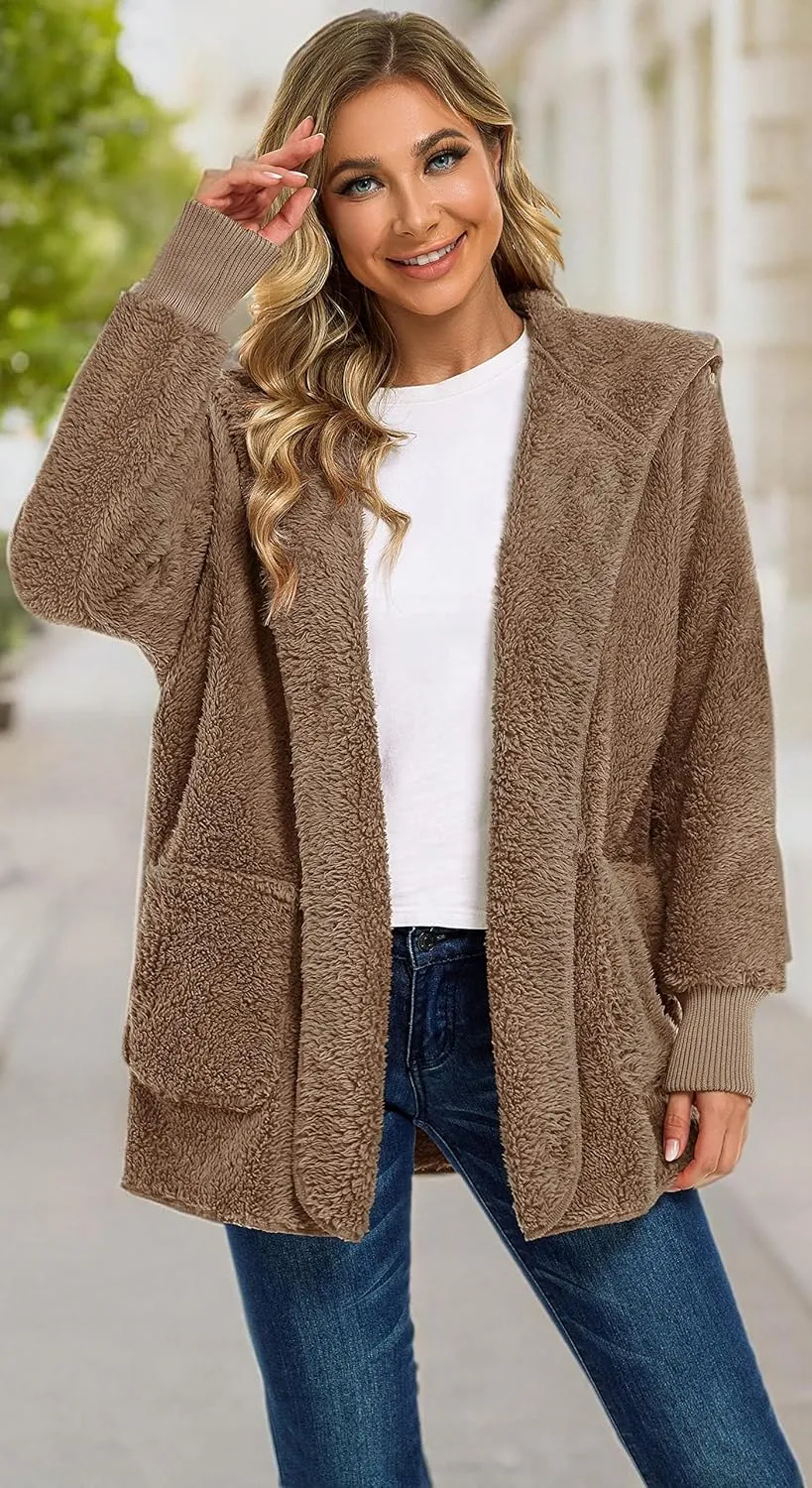 CHICGAL Womens Fuzzy Jacket Hooded Cardigan Open Front Sherpa Coat Outwear with Pockets