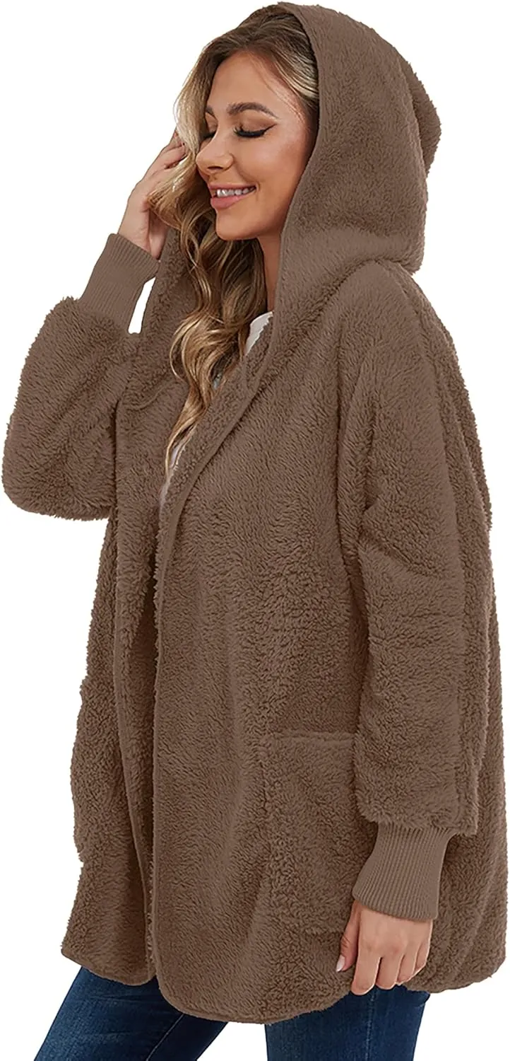 CHICGAL Womens Fuzzy Jacket Hooded Cardigan Open Front Sherpa Coat Outwear with Pockets