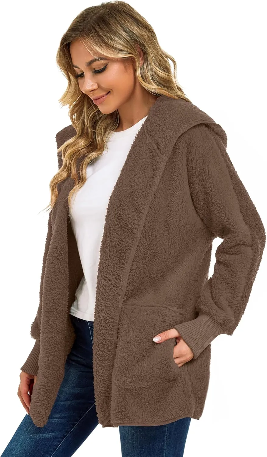 CHICGAL Womens Fuzzy Jacket Hooded Cardigan Open Front Sherpa Coat Outwear with Pockets