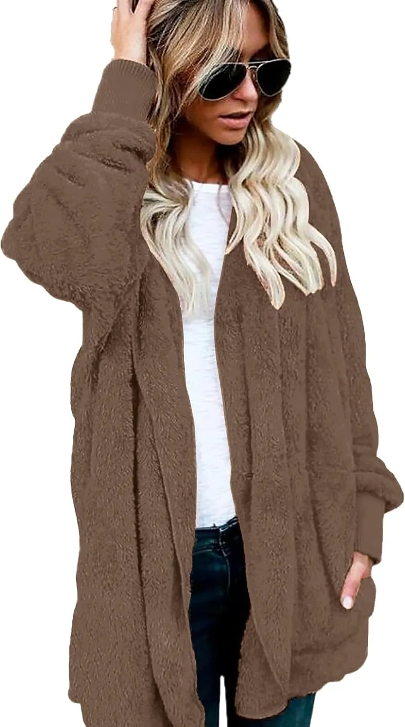 CHICGAL Womens Fuzzy Jacket Hooded Cardigan Open Front Sherpa Coat Outwear with Pockets