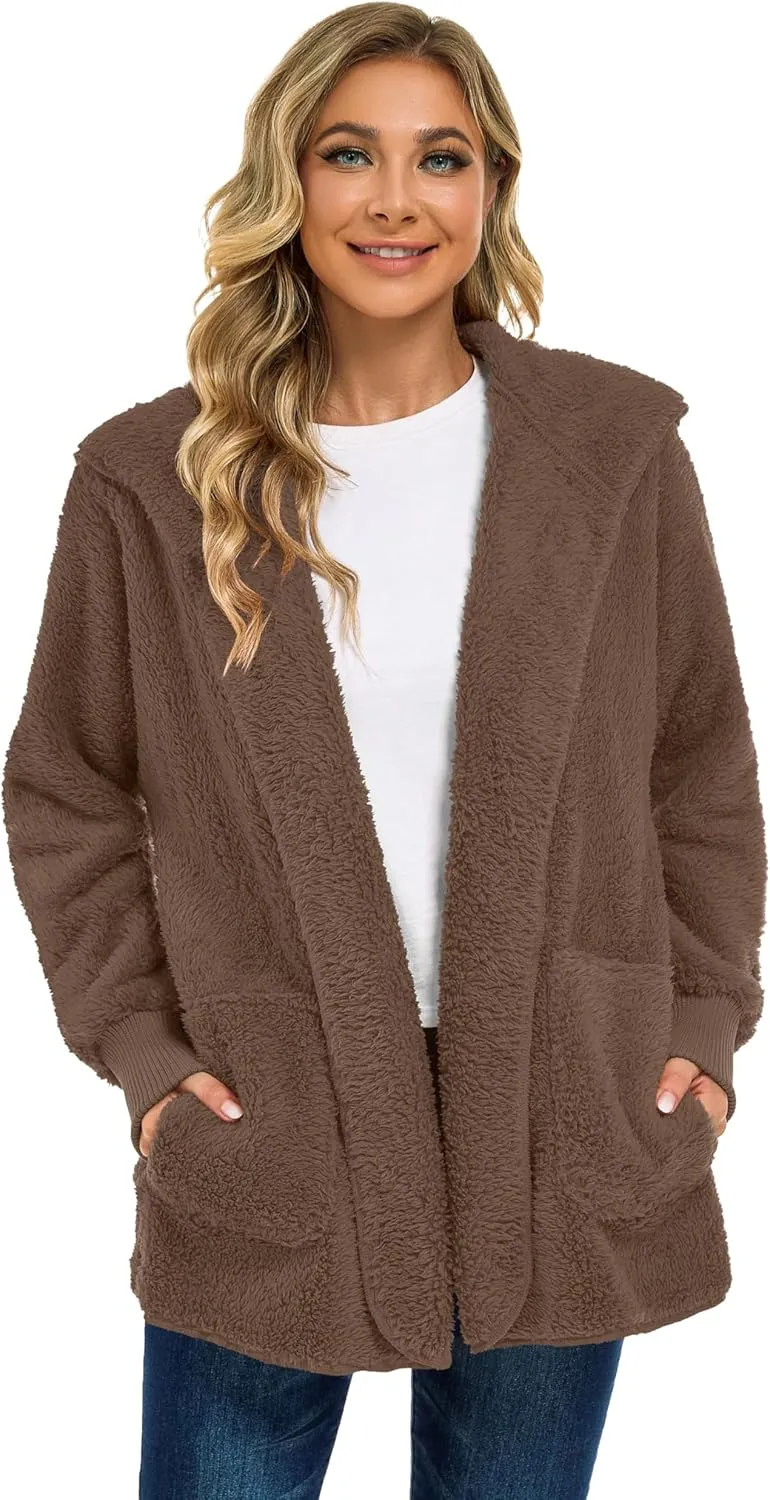 CHICGAL Womens Fuzzy Jacket Hooded Cardigan Open Front Sherpa Coat Outwear with Pockets
