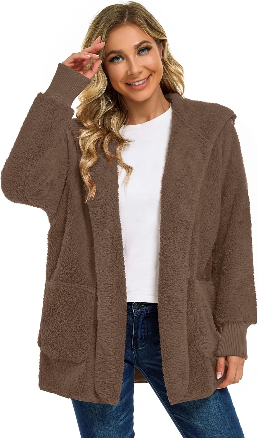 CHICGAL Womens Fuzzy Jacket Hooded Cardigan Open Front Sherpa Coat Outwear with Pockets