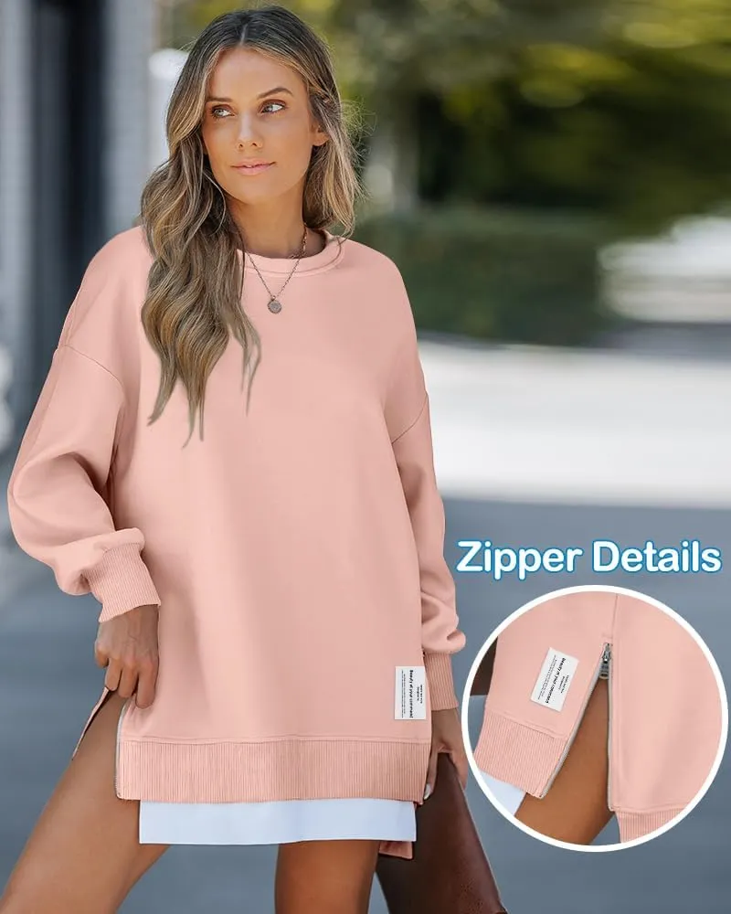 CHICME Womens Long Sleeve Zipper Slit Oversized Sweatshirt Casual Pullover Zipper Hoodies