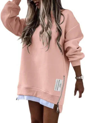 CHICME Womens Long Sleeve Zipper Slit Oversized Sweatshirt Casual Pullover Zipper Hoodies