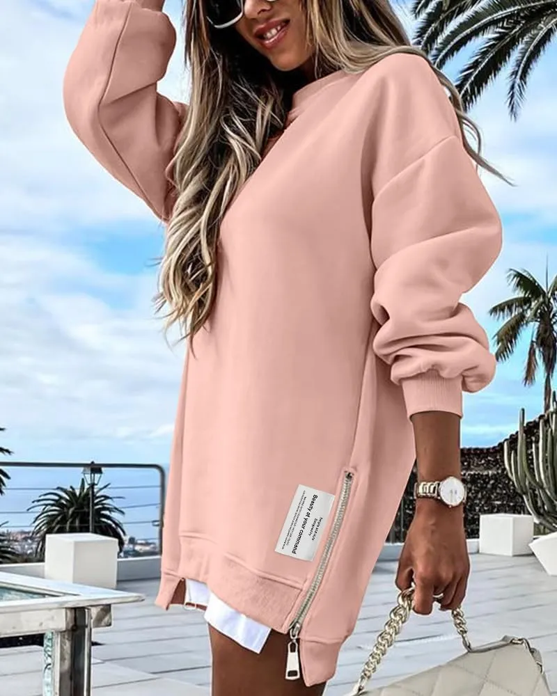 CHICME Womens Long Sleeve Zipper Slit Oversized Sweatshirt Casual Pullover Zipper Hoodies