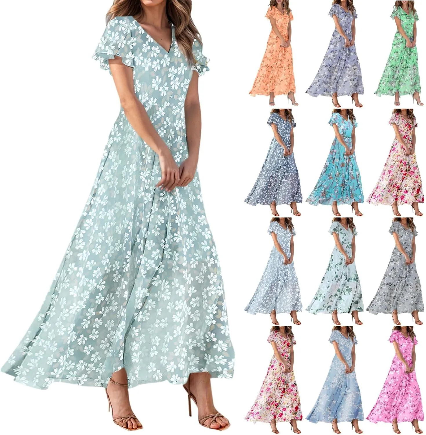 Chiffon Dresses for Women Swing Flowy Ruffle Hem Swing Womens Dresses Chiffon Dress Summer Beach Casual Dresses