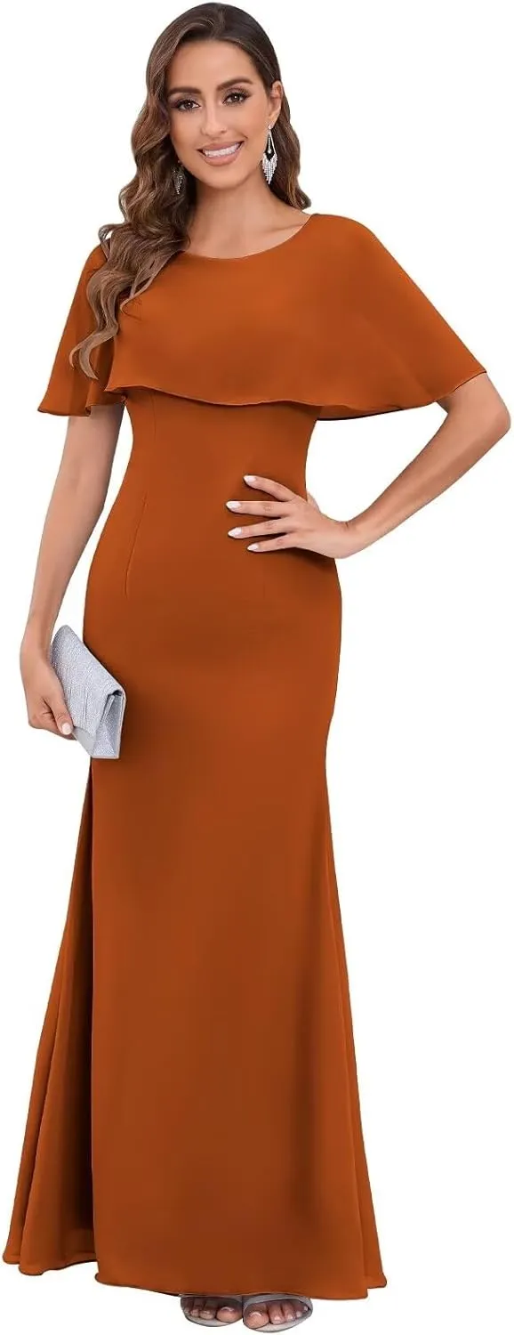 Chiffon Mermaid Mother of The Bride Dresses for Wedding Long Mermaid Formal Evening Dress with Cape