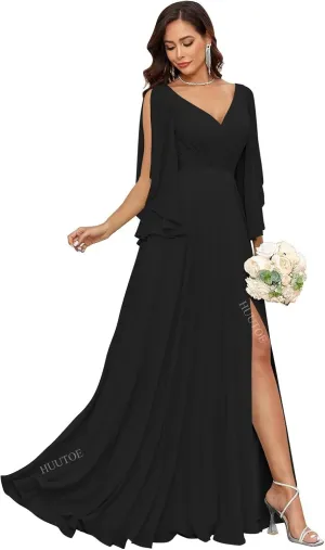 Chiffon Mother of Bride Dresses for Wedding V Neck Bridesmaid Dress with Slit Formal Dresses for Women Wedding Guest