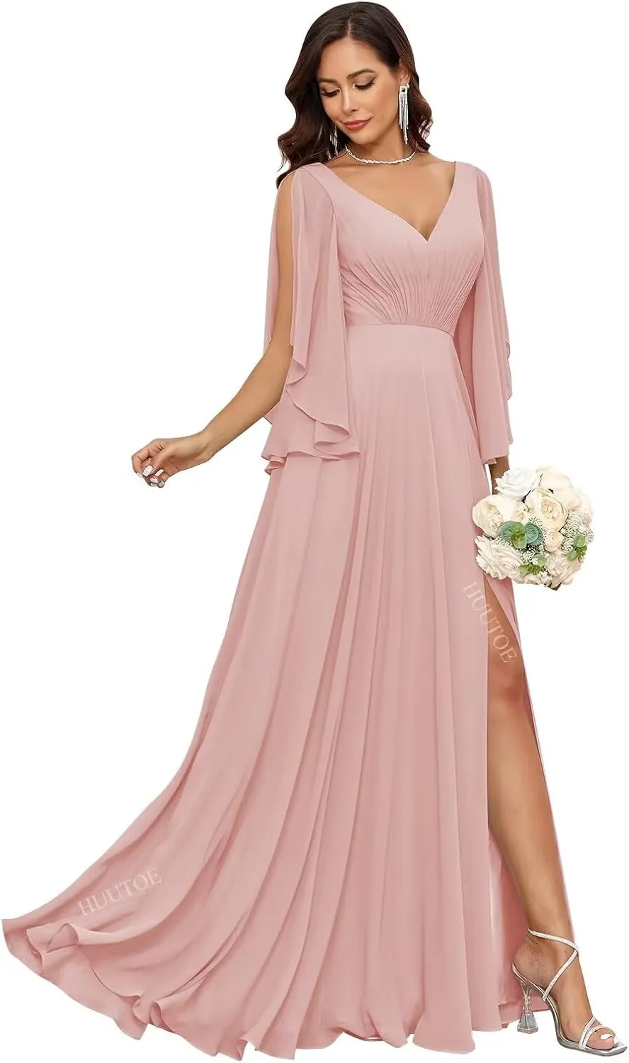 Chiffon Mother of Bride Dresses for Wedding V Neck Bridesmaid Dress with Slit Formal Dresses for Women Wedding Guest