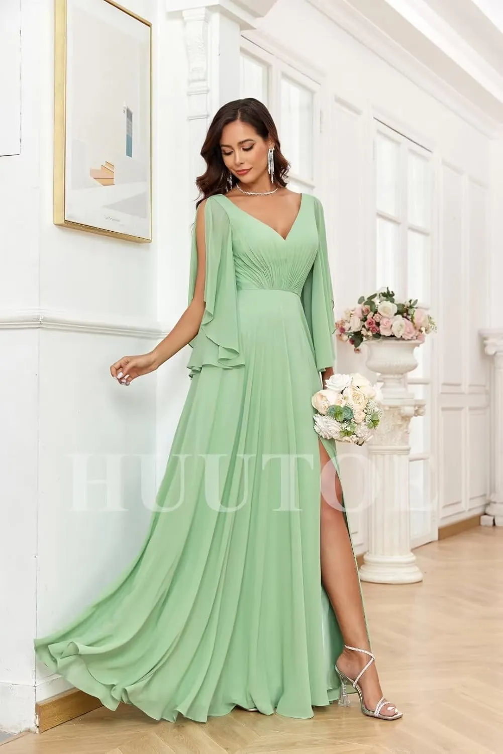 Chiffon Mother of Bride Dresses for Wedding V Neck Bridesmaid Dress with Slit Formal Dresses for Women Wedding Guest