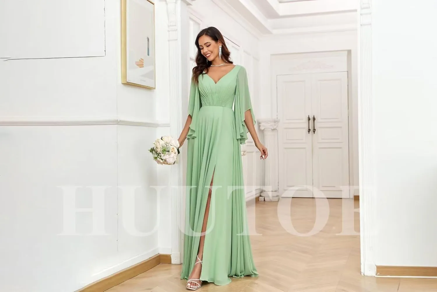 Chiffon Mother of Bride Dresses for Wedding V Neck Bridesmaid Dress with Slit Formal Dresses for Women Wedding Guest