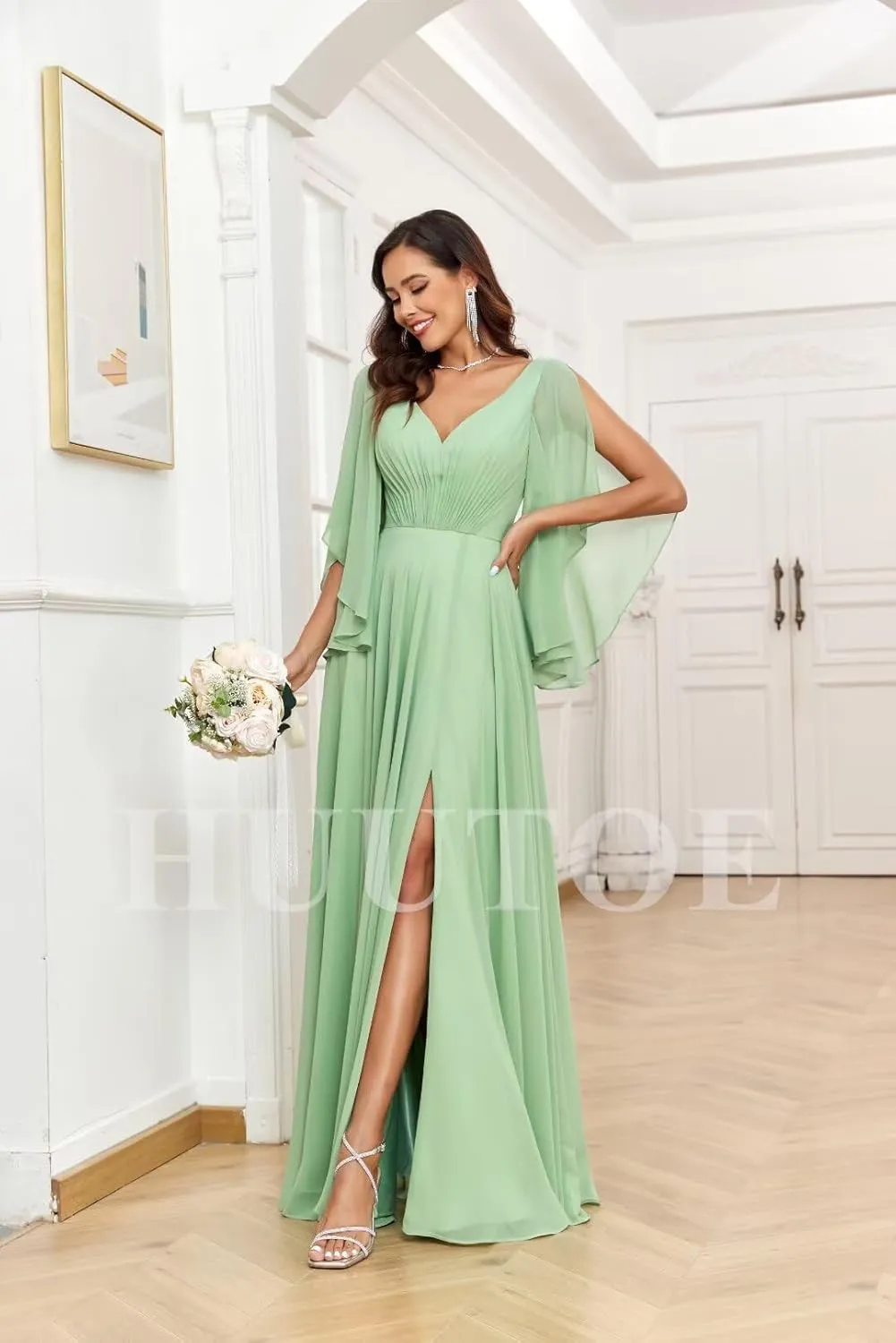 Chiffon Mother of Bride Dresses for Wedding V Neck Bridesmaid Dress with Slit Formal Dresses for Women Wedding Guest