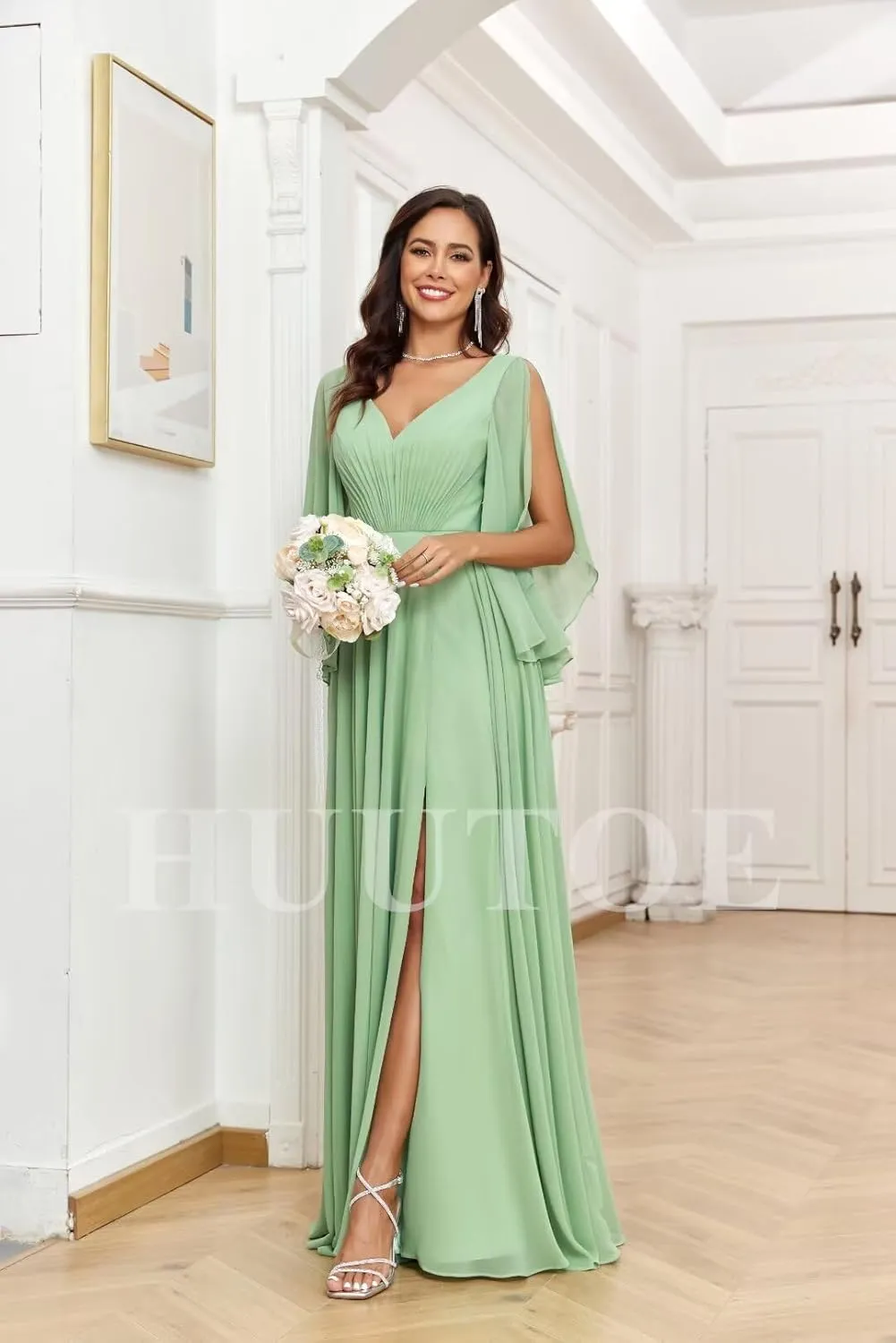 Chiffon Mother of Bride Dresses for Wedding V Neck Bridesmaid Dress with Slit Formal Dresses for Women Wedding Guest