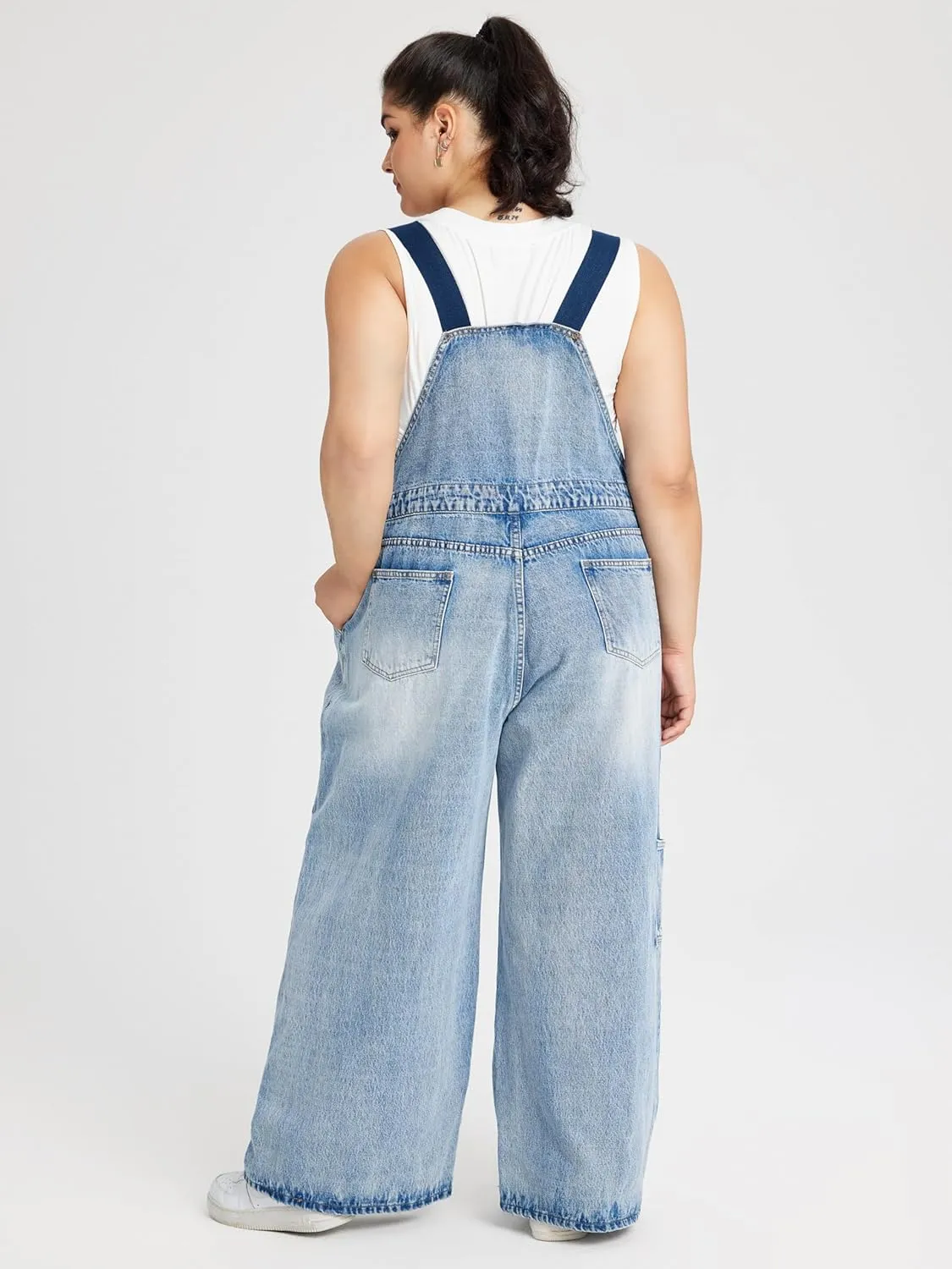 CIDER Women??s Plus Size Denim Overall Bib Wide Leg Adjustable Strap Jean Jumpsuits with Pockets