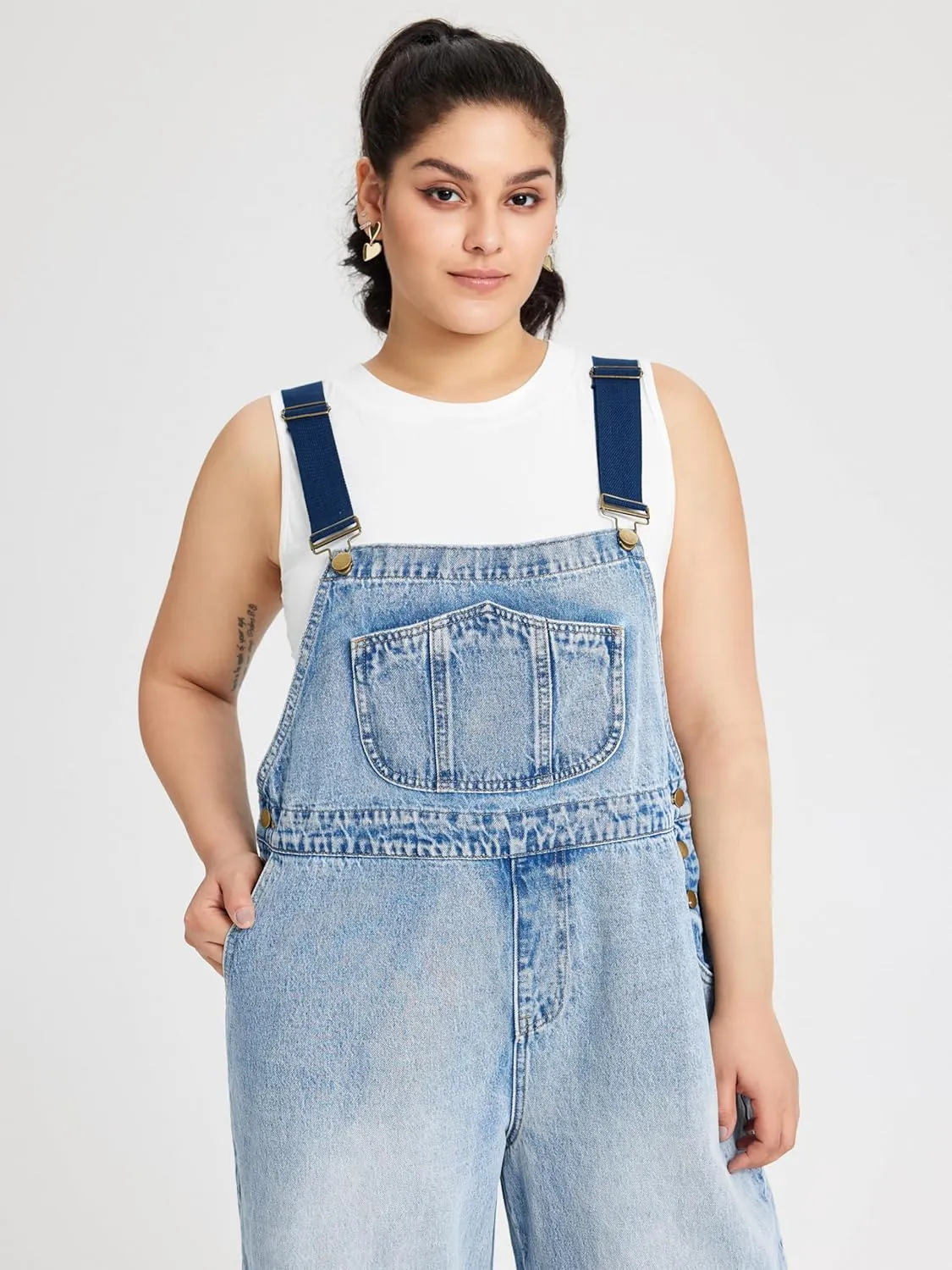 CIDER Women??s Plus Size Denim Overall Bib Wide Leg Adjustable Strap Jean Jumpsuits with Pockets