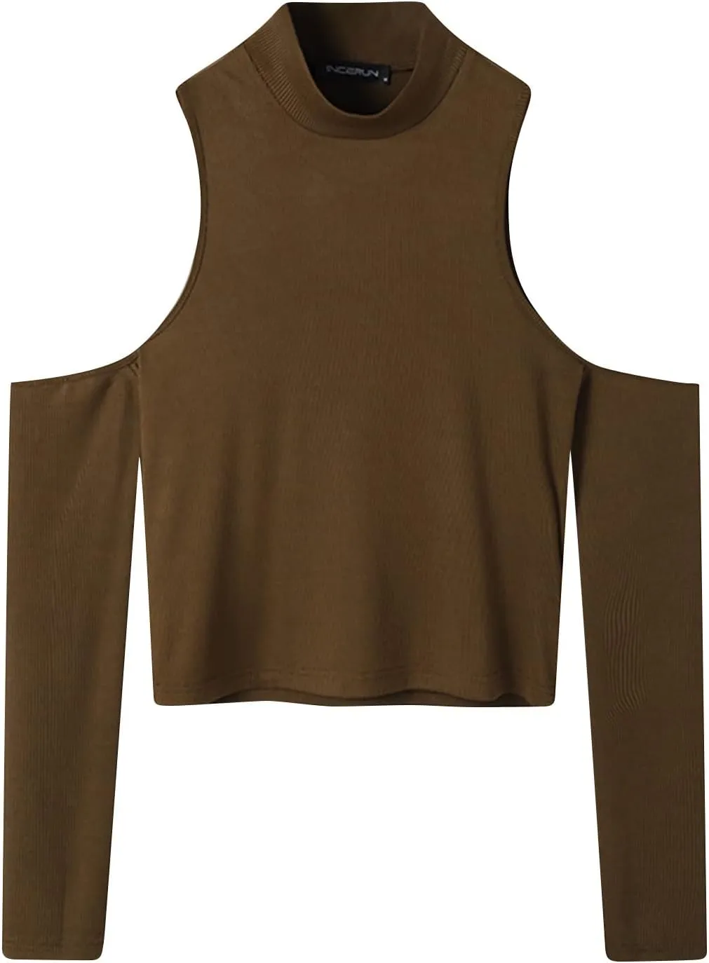 Cold Shoulder Tops for Men,Slim Fit Long Sleeve T-Shirt Casual Skinny Pullover Gay Sexy Crop Tops Mock Neck Tee