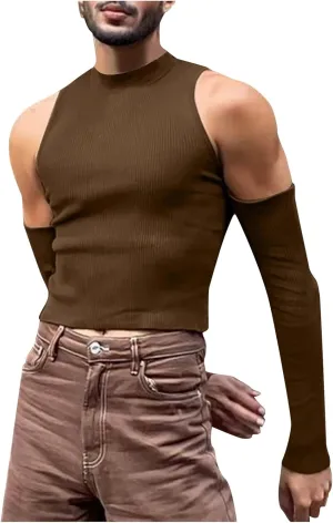 Cold Shoulder Tops for Men,Slim Fit Long Sleeve T-Shirt Casual Skinny Pullover Gay Sexy Crop Tops Mock Neck Tee