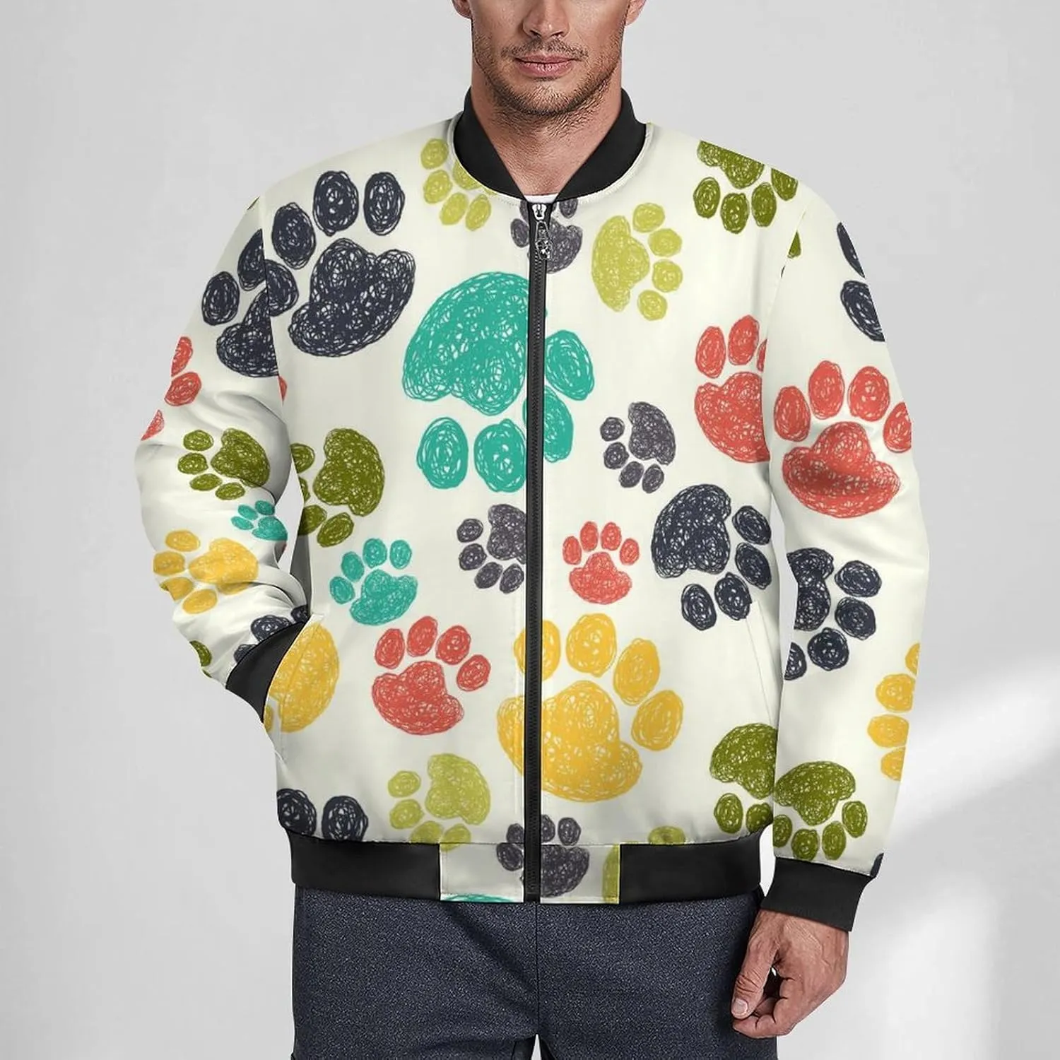 Colorful Doodle Paw Print Men's Bomber Jacket Lightweight Windbreaker Fashion Spring Fall Coats Casual Jackets for Men