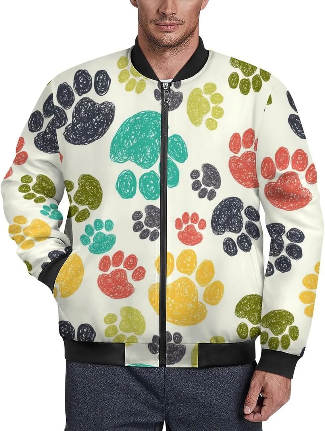 Colorful Doodle Paw Print Men's Bomber Jacket Lightweight Windbreaker Fashion Spring Fall Coats Casual Jackets for Men