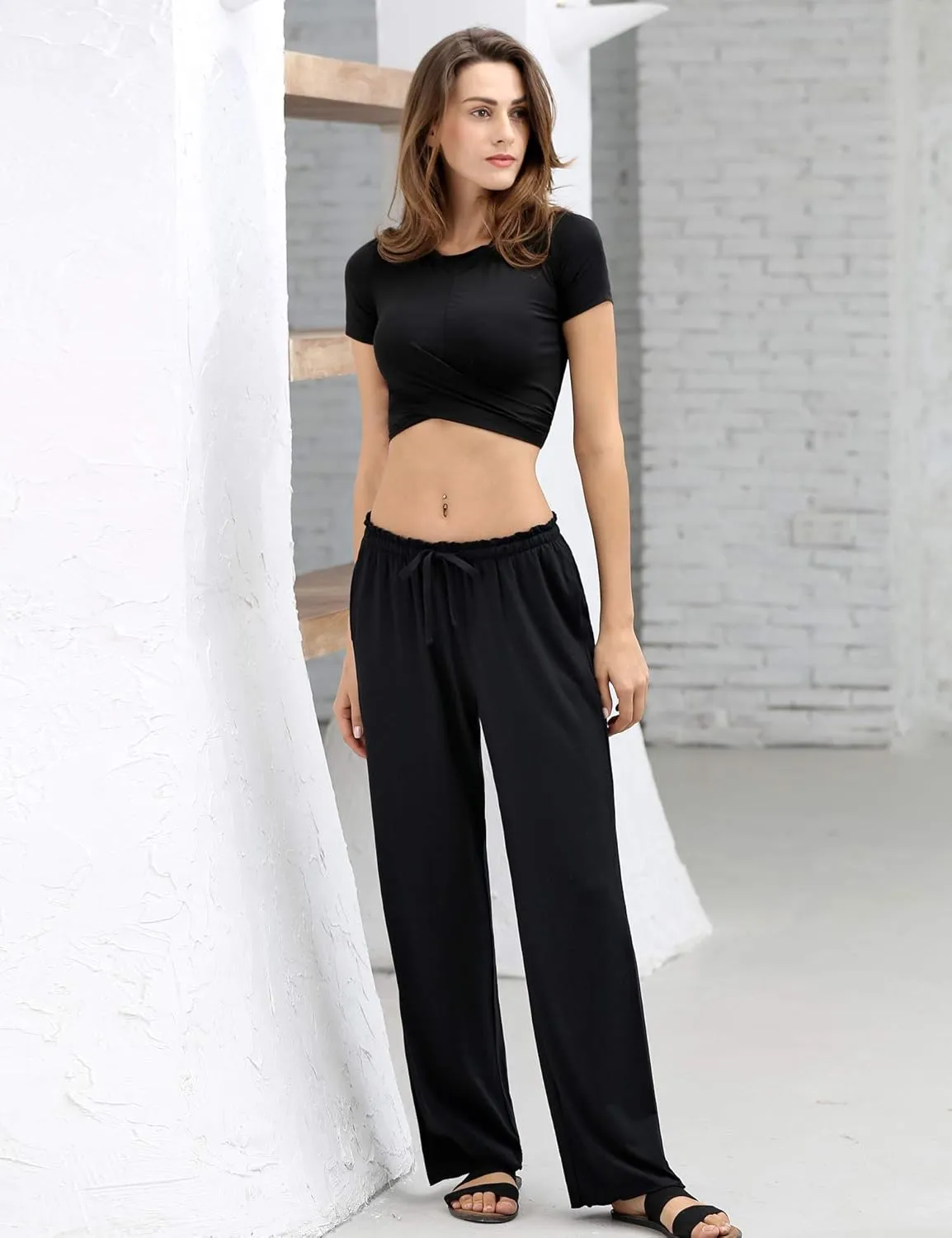 COLORFULLEAF Women's Bamboo Rayon Pajamas Pants Wide Leg Yoga Pants Casual Loose Cozy Sweatpants with Pockets