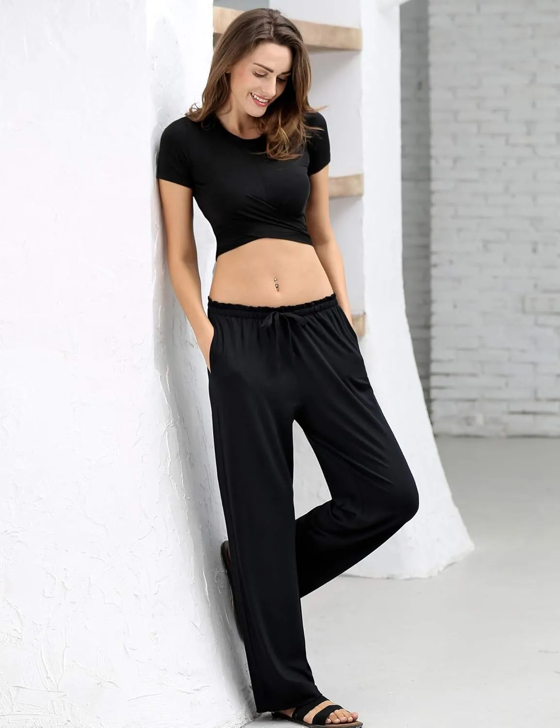 COLORFULLEAF Women's Bamboo Rayon Pajamas Pants Wide Leg Yoga Pants Casual Loose Cozy Sweatpants with Pockets