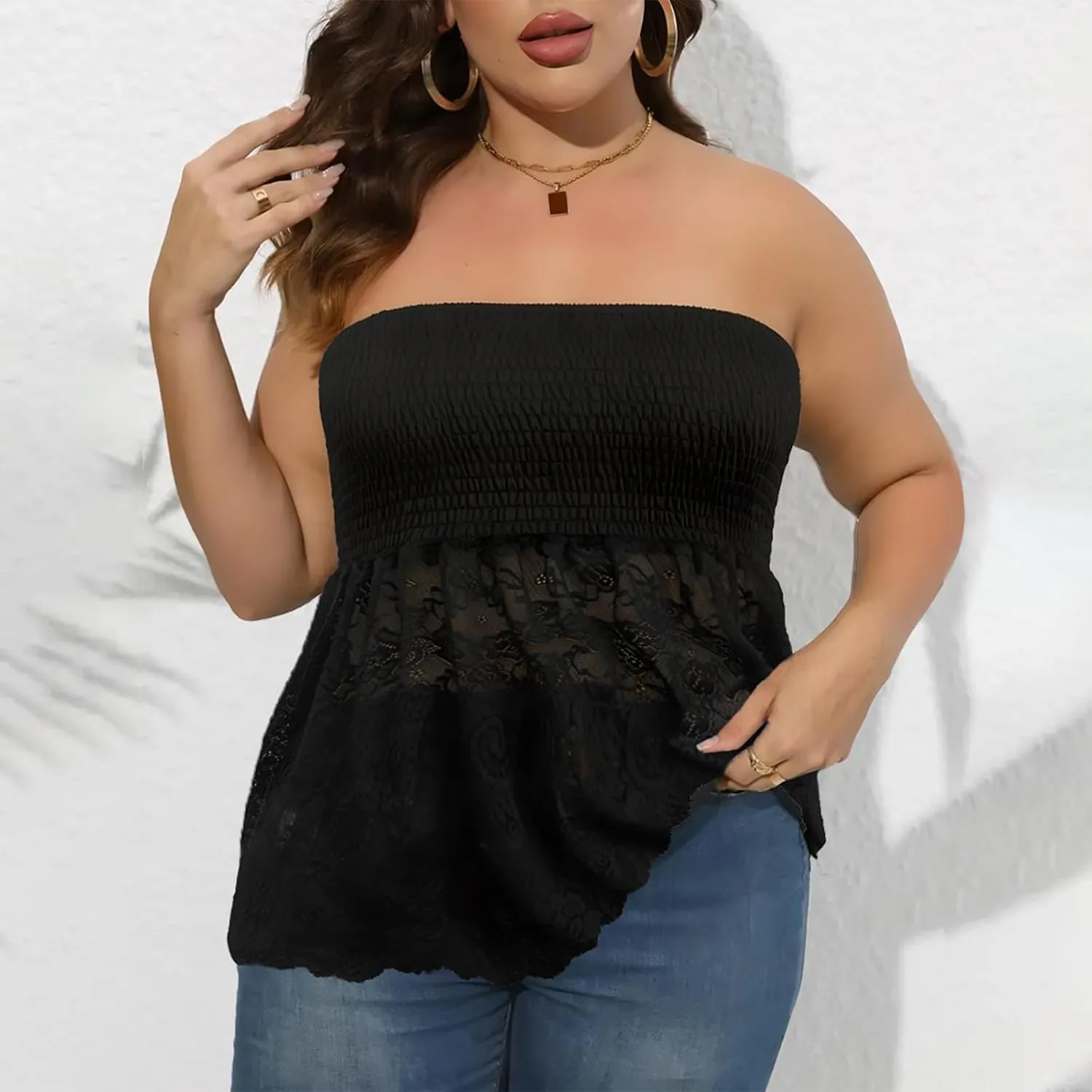 Comeon Plus Size Tube Top for Women Strapless Pleated Off The Shoulder Tops Sexy Summer Tunic Tank Top Soft Casual Cami