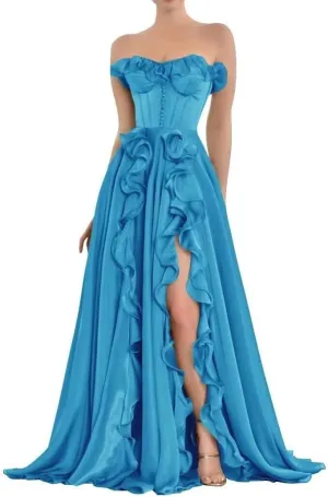 Corset A Line Chiffon Prom Dress for Women Strapless Tiered Ruffle Formal Evening Gowns with Slit HK02