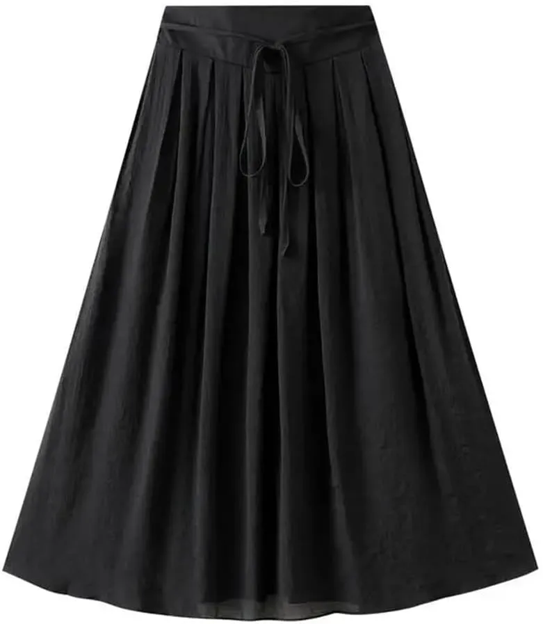 Cotton and Linen Skirt Women's Summer Korean Style Large Swing A Line Skirt Elastic Waist Midi Long Skirt