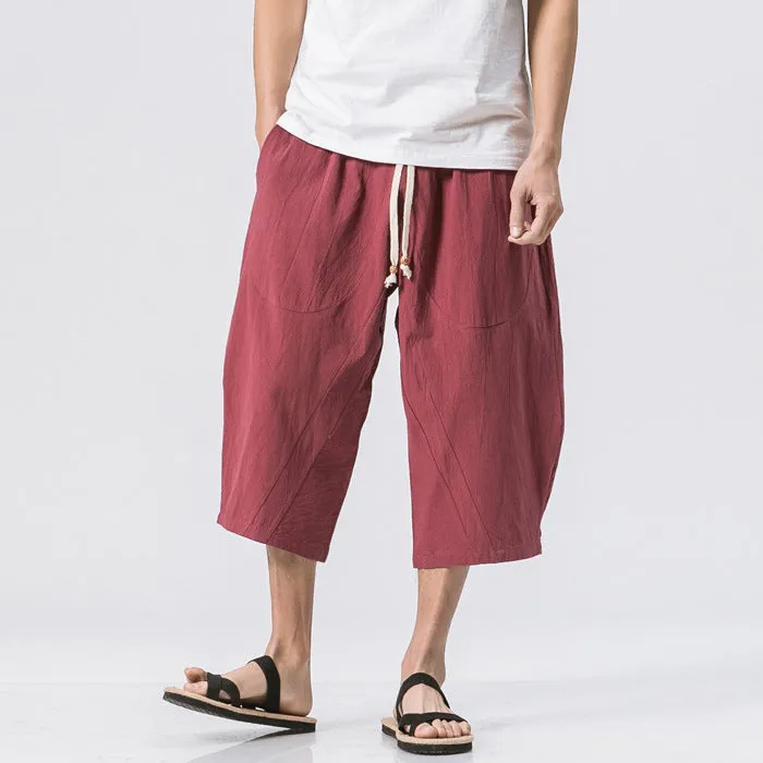 Cotton and linen solid color breathable and comfortable linen lace-up straight shorts