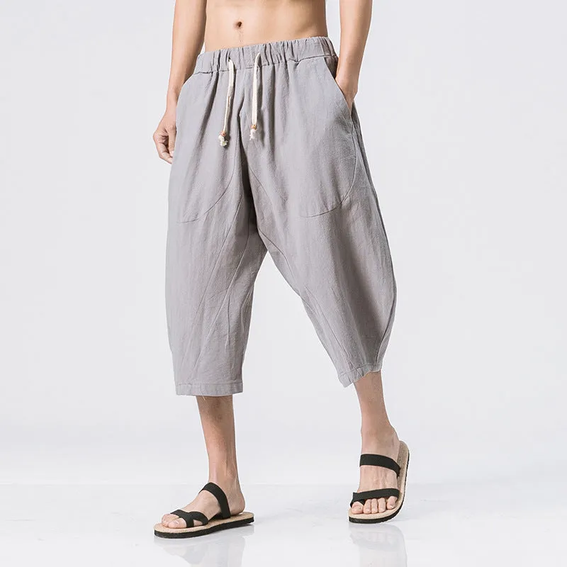 Cotton and linen solid color breathable and comfortable linen lace-up straight shorts