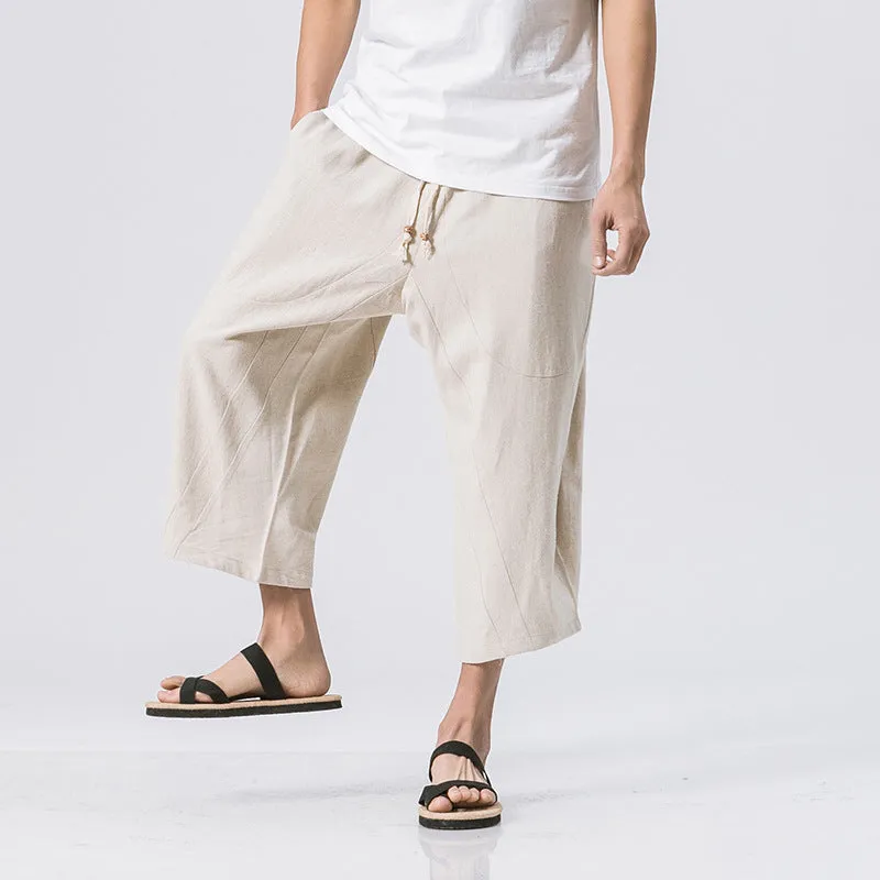 Cotton and linen solid color breathable and comfortable linen lace-up straight shorts