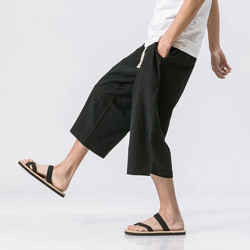 Cotton and linen solid color breathable and comfortable linen lace-up straight shorts
