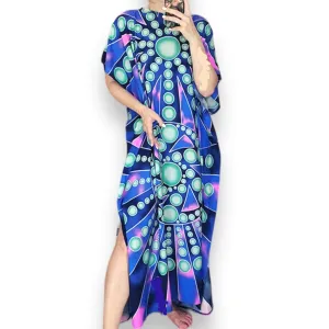 Cotton Blue & Purple Long Kaftan Dress