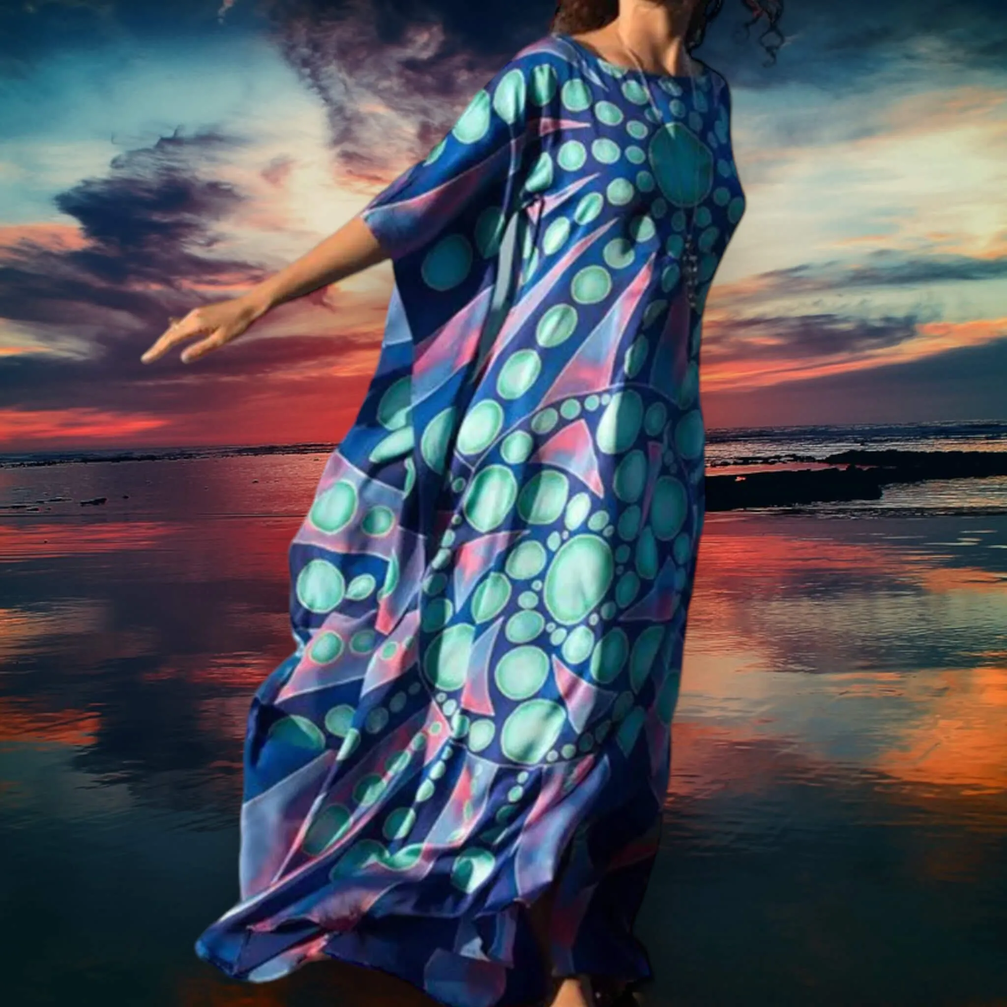 Cotton Blue & Purple Long Kaftan Dress